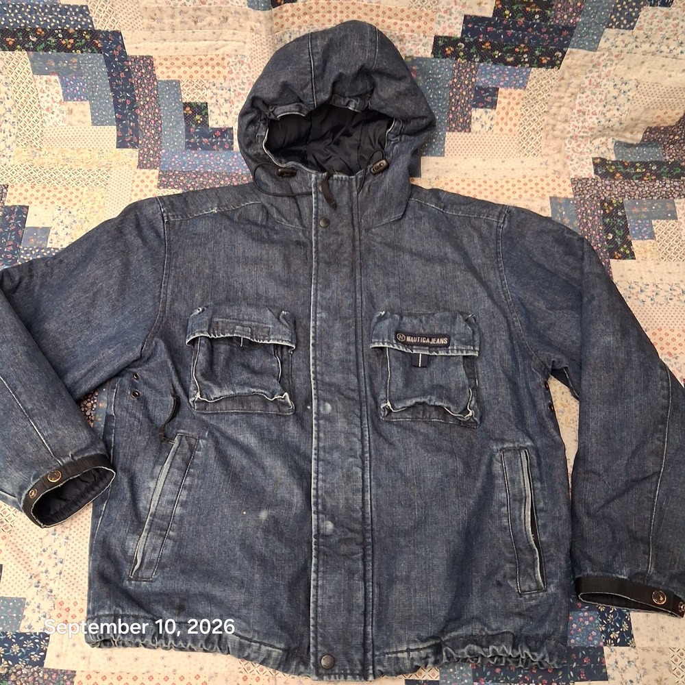 Vintage 90s Nautica Jeans Company Hooded Denim Jacket Mens Medium Parka